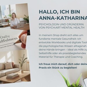 A collage of four images: a woman at a desk, a hand writing in a notebook, a living room, and a desk with colorful sticky notes, with text about Anna-Katharina.