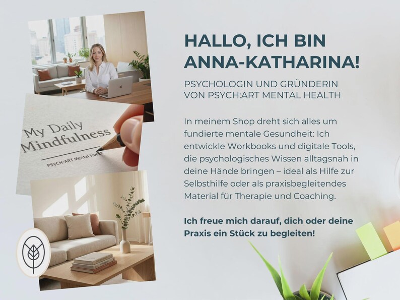 A collage of four images: a woman at a desk, a hand writing in a notebook, a living room, and a desk with colorful sticky notes, with text about Anna-Katharina.