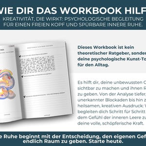 Digitales Kreatives Journal PDF mit kunsttherapeutischen Übungen, kreativen Prompts und Arbeitsblättern für intuitive Entspannung und Selbsterkenntnis. Expressives Malen und Kunsttherapie-Workbook für mentale Gesundheit, Stressabbau, Achtsamkeit und Emotionen verarbeiten. Idealer digitaler Download und Printable Journal für Selfcare, Schreibtherapie, Seelenarbeit, Psychologie-Tools, Art Journaling und persönliches Wachstum.
