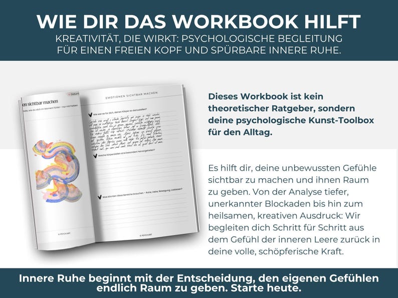 Digitales Kreatives Journal PDF mit kunsttherapeutischen Übungen, kreativen Prompts und Arbeitsblättern für intuitive Entspannung und Selbsterkenntnis. Expressives Malen und Kunsttherapie-Workbook für mentale Gesundheit, Stressabbau, Achtsamkeit und Emotionen verarbeiten. Idealer digitaler Download und Printable Journal für Selfcare, Schreibtherapie, Seelenarbeit, Psychologie-Tools, Art Journaling und persönliches Wachstum.