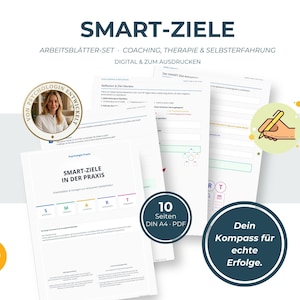 Könnte beinhalten: Ein Set aus zehn digitalen A4-PDF-Arbeitsblättern mit dem Titel SMART-ZIELE für Coaching und Therapie. Die Dokumente enthalten strukturierte Layouts zur Zielsetzung, Reflexion und Überprüfung, inklusive Abschnitten mit dem SMART-Akronym.