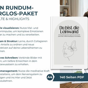 Digitales Kreatives Journal PDF mit kunsttherapeutischen Übungen, kreativen Prompts und Arbeitsblättern für intuitive Entspannung und Selbsterkenntnis. Expressives Malen und Kunsttherapie-Workbook für mentale Gesundheit, Stressabbau, Achtsamkeit und Emotionen verarbeiten. Idealer digitaler Download und Printable Journal für Selfcare, Schreibtherapie, Seelenarbeit, Psychologie-Tools, Art Journaling und persönliches Wachstum.