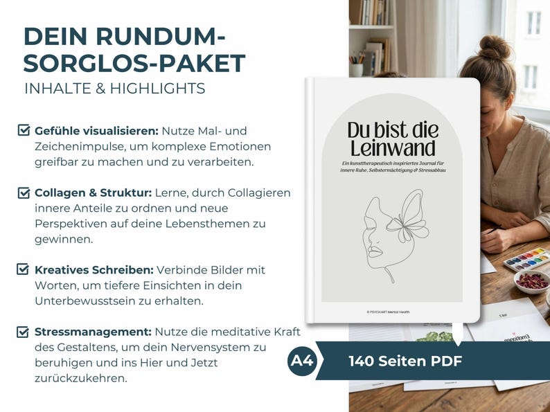 Digitales Kreatives Journal PDF mit kunsttherapeutischen Übungen, kreativen Prompts und Arbeitsblättern für intuitive Entspannung und Selbsterkenntnis. Expressives Malen und Kunsttherapie-Workbook für mentale Gesundheit, Stressabbau, Achtsamkeit und Emotionen verarbeiten. Idealer digitaler Download und Printable Journal für Selfcare, Schreibtherapie, Seelenarbeit, Psychologie-Tools, Art Journaling und persönliches Wachstum.