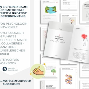 Digitales Kreatives Journal PDF mit kunsttherapeutischen Übungen, kreativen Prompts und Arbeitsblättern für intuitive Entspannung und Selbsterkenntnis. Expressives Malen und Kunsttherapie-Workbook für mentale Gesundheit, Stressabbau, Achtsamkeit und Emotionen verarbeiten. Idealer digitaler Download und Printable Journal für Selfcare, Schreibtherapie, Seelenarbeit, Psychologie-Tools, Art Journaling und persönliches Wachstum.