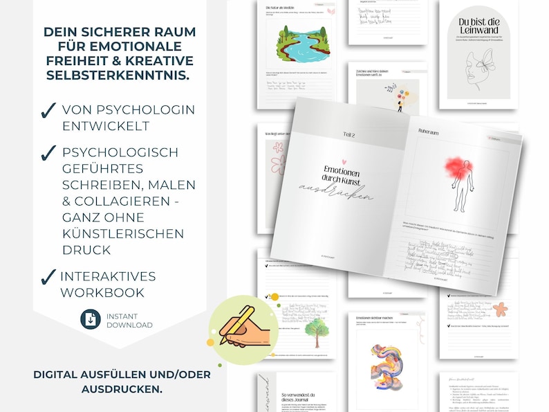 Digitales Kreatives Journal PDF mit kunsttherapeutischen Übungen, kreativen Prompts und Arbeitsblättern für intuitive Entspannung und Selbsterkenntnis. Expressives Malen und Kunsttherapie-Workbook für mentale Gesundheit, Stressabbau, Achtsamkeit und Emotionen verarbeiten. Idealer digitaler Download und Printable Journal für Selfcare, Schreibtherapie, Seelenarbeit, Psychologie-Tools, Art Journaling und persönliches Wachstum.