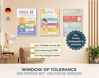 Psychology Poster Set of 3: Window of Tolerance (German) | Nervous System Regulation, Psychoeducation, Psychotherapy Practice Decor