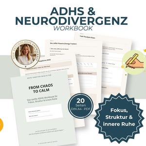 以下が含まれることがあります： ADHS & NEURODIVERGENZ WORKBOOKというタイトルのデジタルワークブック。FROM CHAOS TO CALM、Die Löffel-Theorie、Task Paralysis lösenというテキストが記載されたページが含まれています。ポートレート付きの円形バッジと20ページのDIN A4 PDFラベルが付いています。