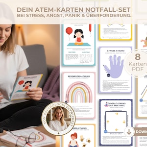 Pode incluir: Um conjunto de oito cartões digitais de exercícios respiratórios em formato PDF, com ilustrações e instruções para técnicas como respiração de balão, arco-íris e quadrada. Os cartões incluem texto em alemão para gestão de stress e ansiedade.