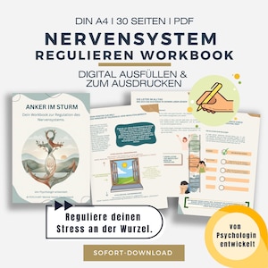 Puede incluir: Un cuaderno de trabajo digital titulado "NERVENSYSTEM REGULIEREN WORKBOOK" con el texto "DIGITAL AUSFÜLLEN & ZUM AUSDRUCKEN". El cuaderno incluye páginas con ilustraciones y texto, incluyendo "ANKER IM STURM" y "Reguliere deinen Stress an der Wurzel."