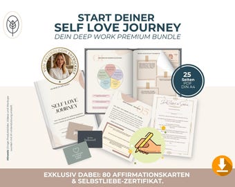 May include: A digital self-love workbook bundle featuring a book cover titled Self Love Journey, open pages with diagrams, and text. Includes a circular badge with a person, a 25-page PDF indicator, and a note about 80 affirmation cards and a certificate.