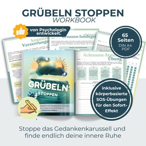 Könnte beinhalten: Ein digitales Arbeitsbuch mit dem Titel GRÜBELN STOPPEN mit 65 Seiten im DIN A4-Format. Das Cover zeigt eine Grafik mit einer Sonne hinter Wolken, und die Innenseiten enthalten Übungen zu kognitiven Verzerrungen, Grenzensetzung und Achtsamkeit.