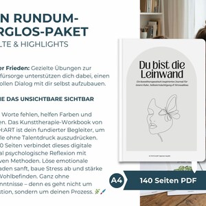 Digitales Kreatives Journal PDF mit kunsttherapeutischen Übungen, kreativen Prompts und Arbeitsblättern für intuitive Entspannung und Selbsterkenntnis. Expressives Malen und Kunsttherapie-Workbook für mentale Gesundheit, Stressabbau, Achtsamkeit und Emotionen verarbeiten. Idealer digitaler Download und Printable Journal für Selfcare, Schreibtherapie, Seelenarbeit, Psychologie-Tools, Art Journaling und persönliches Wachstum.