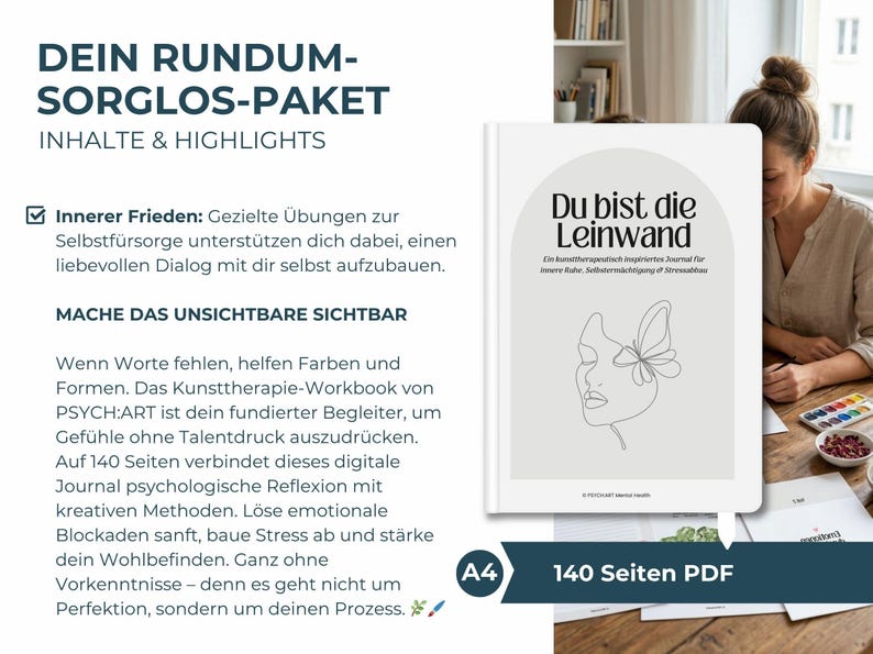 Digitales Kreatives Journal PDF mit kunsttherapeutischen Übungen, kreativen Prompts und Arbeitsblättern für intuitive Entspannung und Selbsterkenntnis. Expressives Malen und Kunsttherapie-Workbook für mentale Gesundheit, Stressabbau, Achtsamkeit und Emotionen verarbeiten. Idealer digitaler Download und Printable Journal für Selfcare, Schreibtherapie, Seelenarbeit, Psychologie-Tools, Art Journaling und persönliches Wachstum.