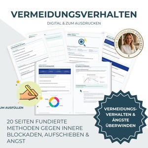 Op de afbeelding: Een digitaal werkboek van 20 pagina's getiteld VERMEIDUNGSVERHALTEN met psychologische methoden om interne blokkades, uitstelgedrag en angst te overwinnen, inclusief invulbare formulieren, grafieken en diagrammen in blauw en wit.
