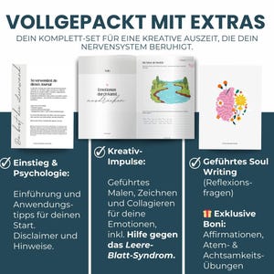 Digitales Kreatives Journal PDF mit kunsttherapeutischen Übungen, kreativen Prompts und Arbeitsblättern für intuitive Entspannung und Selbsterkenntnis. Expressives Malen und Kunsttherapie-Workbook für mentale Gesundheit, Stressabbau, Achtsamkeit und Emotionen verarbeiten. Idealer digitaler Download und Printable Journal für Selfcare, Schreibtherapie, Seelenarbeit, Psychologie-Tools, Art Journaling und persönliches Wachstum.