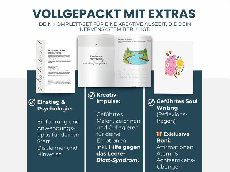 Digitales Kreatives Journal PDF mit kunsttherapeutischen Übungen, kreativen Prompts und Arbeitsblättern für intuitive Entspannung und Selbsterkenntnis. Expressives Malen und Kunsttherapie-Workbook für mentale Gesundheit, Stressabbau, Achtsamkeit und Emotionen verarbeiten. Idealer digitaler Download und Printable Journal für Selfcare, Schreibtherapie, Seelenarbeit, Psychologie-Tools, Art Journaling und persönliches Wachstum.