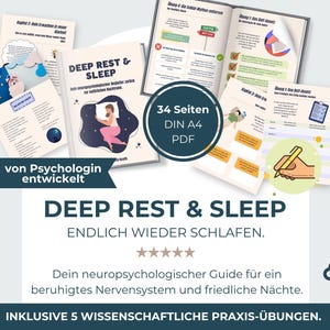 Könnte beinhalten: Eine Sammlung von Drucksachen mit dem Titel "DEEP REST & SLEEP" mit dem Text "ENDLICH WIEDER SCHLAFEN." Die Materialien umfassen einen Ratgeber mit 34 Seiten im DIN A4 PDF-Format, entwickelt von einem Psychologen, und enthalten 5 wissenschaftliche Übungen.