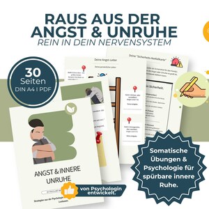Könnte beinhalten: Ein 30-seitiges A4 PDF-Arbeitsbuch mit dem Titel RAUS AUS DER ANGST & UNRUHE REIN IN DEIN NERVENSYSTEM. Das Dokument enthält Illustrationen einer Person, die ihre Knie umarmt, eine Leiter und eine Hand, die mit einem Stift schreibt.