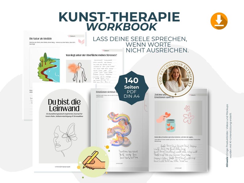 Digitales Kreatives Journal PDF mit kunsttherapeutischen Übungen, kreativen Prompts und Arbeitsblättern für intuitive Entspannung und Selbsterkenntnis. Expressives Malen und Kunsttherapie-Workbook für mentale Gesundheit, Stressabbau, Achtsamkeit und Emotionen verarbeiten. Idealer digitaler Download und Printable Journal für Selfcare, Schreibtherapie, Seelenarbeit, Psychologie-Tools, Art Journaling und persönliches Wachstum.