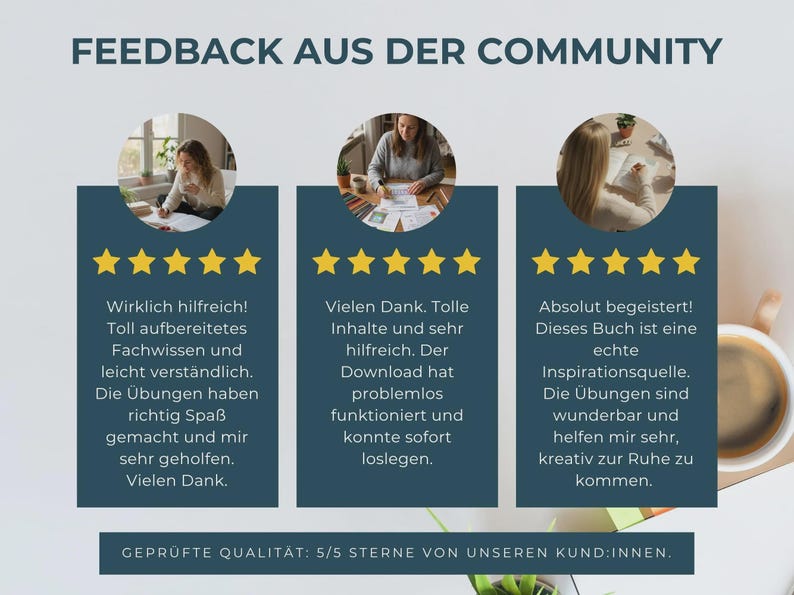 Three framed photos of women reading or writing, with text feedback from customers and five gold stars, on a white and gray background.