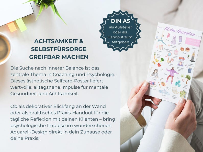 Digitales Selfcare Poster PDF auf Deutsch mit psychologischen Achtsamkeits-Tipps, Infografiken zur Mental Health und visuellen Erinnerungen für Selbstfürsorge, Stressabbau und innere Ruhe. Druckbare Wanddeko und Psychologie-Kunstdruck für Praxisräume, Therapiezimmer, Büro, Homeoffice und Schlafzimmer. Idealer digitaler Wandkunst-Download zum Ausdrucken für Psychologen, Therapeuten, Coaches, Mental Health Decor und achtsame Geschenke.