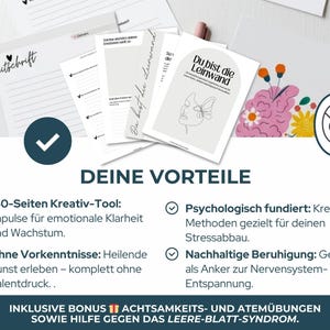 Digitales Kreatives Journal PDF mit kunsttherapeutischen Übungen, kreativen Prompts und Arbeitsblättern für intuitive Entspannung und Selbsterkenntnis. Expressives Malen und Kunsttherapie-Workbook für mentale Gesundheit, Stressabbau, Achtsamkeit und Emotionen verarbeiten. Idealer digitaler Download und Printable Journal für Selfcare, Schreibtherapie, Seelenarbeit, Psychologie-Tools, Art Journaling und persönliches Wachstum.