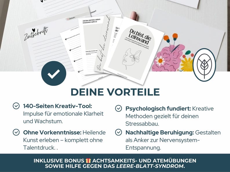 Digitales Kreatives Journal PDF mit kunsttherapeutischen Übungen, kreativen Prompts und Arbeitsblättern für intuitive Entspannung und Selbsterkenntnis. Expressives Malen und Kunsttherapie-Workbook für mentale Gesundheit, Stressabbau, Achtsamkeit und Emotionen verarbeiten. Idealer digitaler Download und Printable Journal für Selfcare, Schreibtherapie, Seelenarbeit, Psychologie-Tools, Art Journaling und persönliches Wachstum.