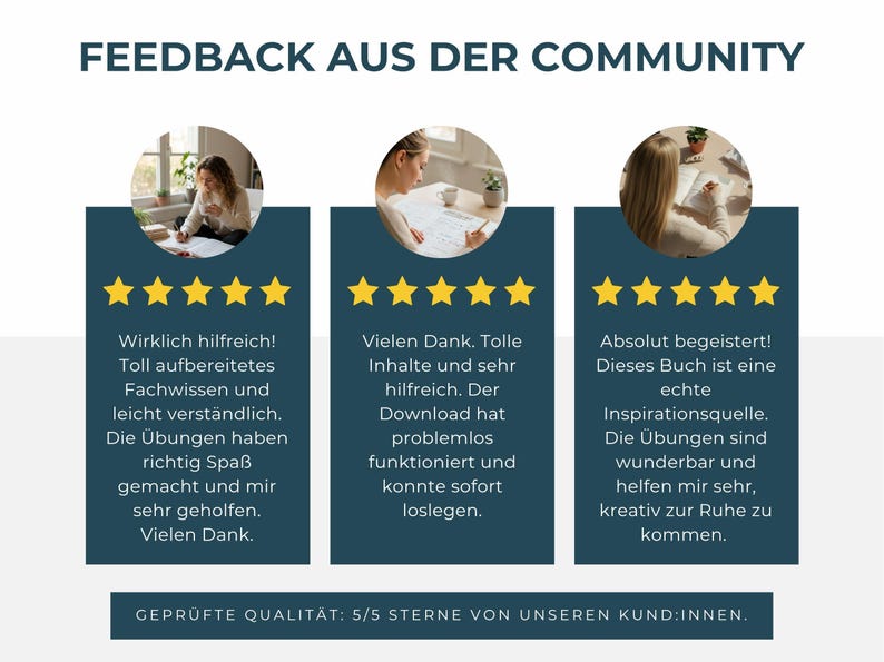 Three images show different women working at desks, with text below each image providing positive feedback about the product.