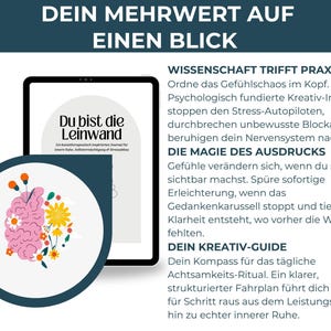 Digitales Kreatives Journal PDF mit kunsttherapeutischen Übungen, kreativen Prompts und Arbeitsblättern für intuitive Entspannung und Selbsterkenntnis. Expressives Malen und Kunsttherapie-Workbook für mentale Gesundheit, Stressabbau, Achtsamkeit und Emotionen verarbeiten. Idealer digitaler Download und Printable Journal für Selfcare, Schreibtherapie, Seelenarbeit, Psychologie-Tools, Art Journaling und persönliches Wachstum.