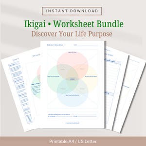Può includere: Un pacchetto di fogli di lavoro Ikigai stampabili, con il testo "Download istantaneo" e "Scopri lo scopo della tua vita". I fogli di lavoro includono un diagramma Ikigai e altri fogli per l'auto-riflessione. Disponibile nei formati A4 e US Letter.