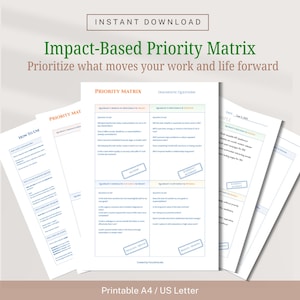 May include: Printable Impact-Based Priority Matrix with the text "Instant Download" and "Prioritize what moves your work and life forward." The document includes sections for priority matrix and diagnostic questions, with a "How to Use" guide.