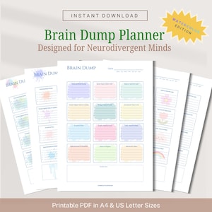 Può includere: Un Brain Dump Planner stampabile, progettato per menti neurodivergenti, con un design ad acquerello. Disponibile nei formati A4 e US Letter, il planner include sezioni per attività e note. Il testo recita 'Brain Dump'.