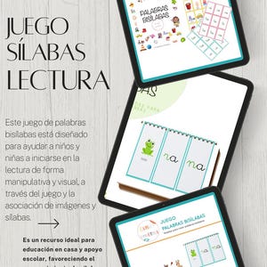 Puede incluir: Juego educativo digital mostrado en tabletas. El juego, titulado "Juego Sílabas Lectura", presenta ilustraciones coloridas y texto en español. El juego está diseñado para ayudar a los niños a aprender a leer.