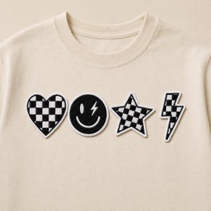 Black and White Checkered Patches, Iron On Smiley Face Star Heart Lightning Bolt Applique, Y2K Embroidered Patch for Jackets Backpacks