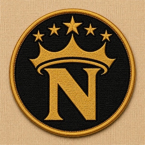 May include: Embroidered patch featuring a gold crown with five stars above a gold letter "N" on a black circular background. The patch has a gold border and is set against a tan fabric.