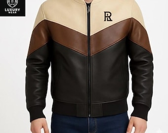 Handmade Men’s Leather Jacket – Black & Brown Colorblock Bomber – Stylish Casual Outerwear