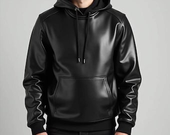 Men’s Black Faux Leather Hoodie – Stylish PU Pullover Sweatshirt