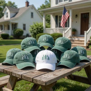 May include: A collection of green and white baseball caps with an embroidered tree and moon design. The caps are arranged on a wooden picnic table outdoors, with houses and an American flag in the background.