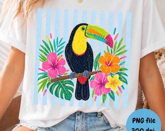 Tucano e ibisco PNG, stampa floreale preppy per vacanze estive (download digitale), design retrò per maglietta da spiaggia tropicale