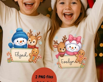 Custom Kids Christmas Shirt PNG Cute Name Shirt Snowman Reindeer Gingerbread Boy Girl PNG, Colorful Sublimation Design (Digital Download)