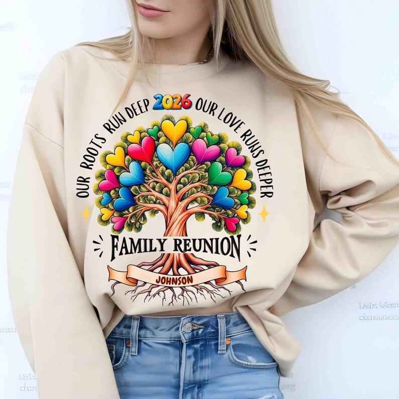 May include: Beige sweatshirt with a colorful family tree design. The tree's leaves are heart-shaped in various colors. Text includes "OUR ROOTS RUN DEEP," "OUR LOVE RUNS DEEPER," "FAMILY REUNION 2026," and "JOHNSON."