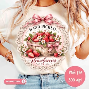 Strawberry PNG Hand Picked Stawberries Shirt PNG Vintage Cottage Core Sublimation Design (Digital Download) Coquette Lace Frame Fruit Basket