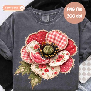 May include: Dark grey long-sleeved shirt with a large appliquéd flower design. The flower features red and white polka dot and gingham petals, floral print petals, and a green and black centre. The shirt also has the text "PNG file 300 dpi".