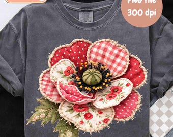 Patchwork Poppy PNG, design per sublimazione della festa della mamma (download digitale), maglietta primaverile floreale, retro Grandma Core, finto fiore patchwork