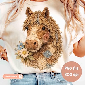 May include: Cream-colored t-shirt featuring a detailed, textured horse head design with a floral arrangement. The horse has brown and tan fur with a blue patch. The text "PNG file 300 dpi" is in a peach circle.