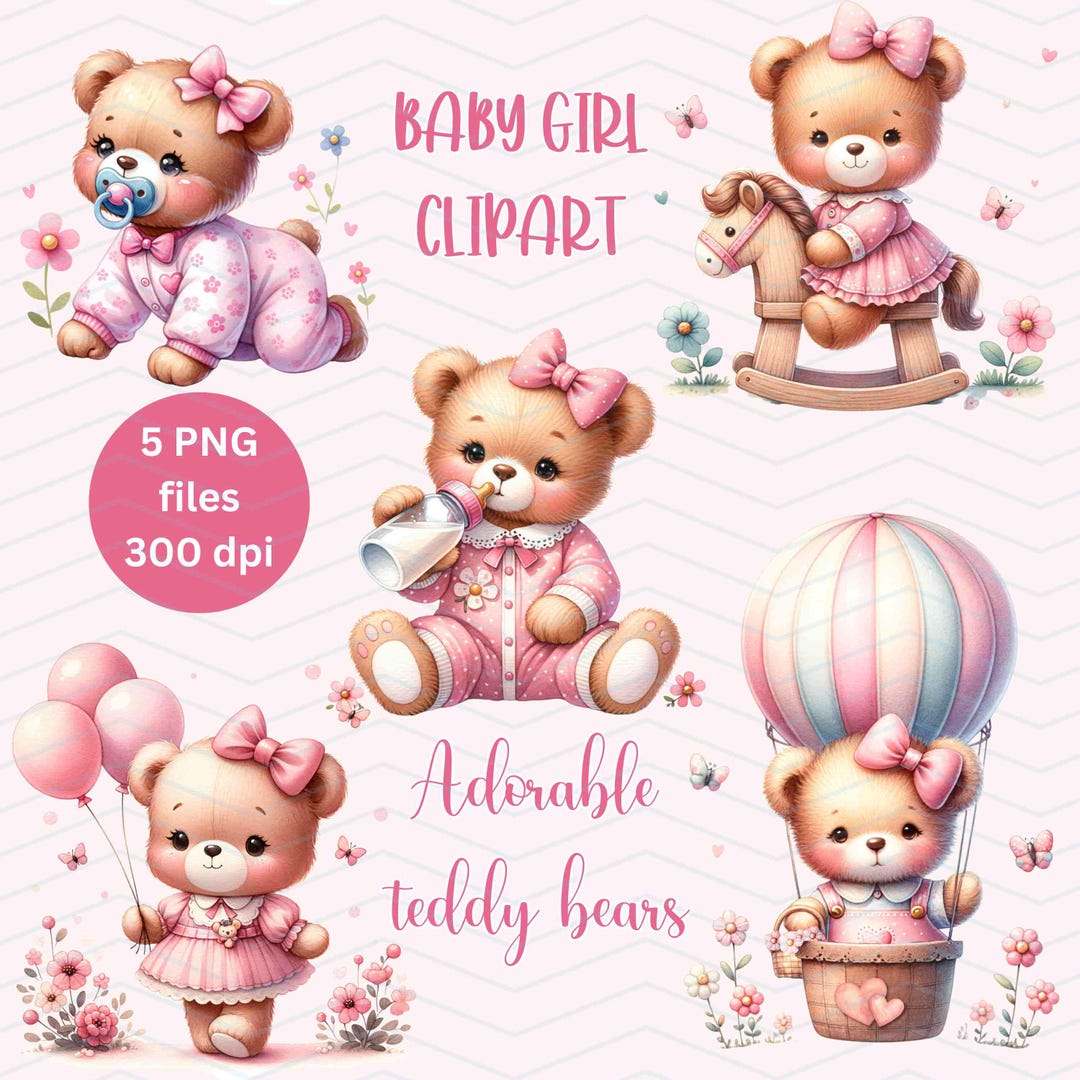 Pink Teddy Bear Clipart Bundle 5 PNG Files, Cute Bear Baby Girl Outfit ...