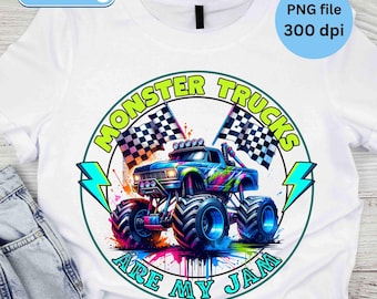 Monster Trucks Are My Jam PNG, Colorful Sublimation Design (Digital Download), Kids Monster Truck Shirt, Boy Outfit