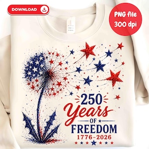 May include: Cream-colored sweatshirt featuring a patriotic design. The graphic includes a dandelion with red and blue stars, and the text "250 Years of Freedom 1776-2026". The design is in red, white, and blue.