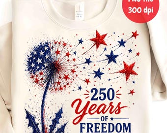 250° anniversario USA PNG, design patriottico con dente di leone per il 4 luglio per sublimazione, fiori selvatici, bandiera USA, 250 anni di libertà, download digitale