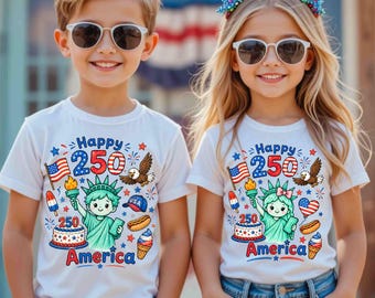 Maglietta patriottica per bambini PNG Buon 250° anniversario dell'America PNG Fratelli e sorelle, ragazza e ragazzo, abbigliamento USA, design per sublimazione (download digitale) Giorno dell'Indipendenza